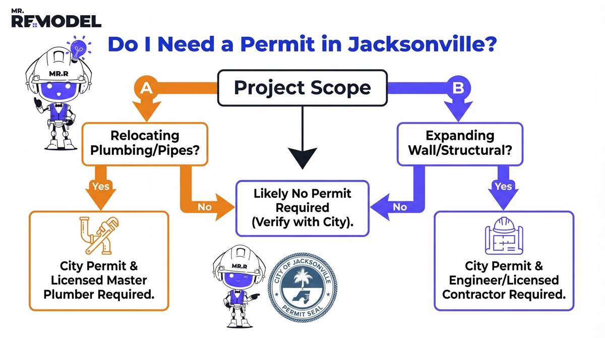 A flowchart infographic for Jacksonville homeowners detailing when city permits and licensed contractors are legally required for structural, plumbing, and electrical bathroom changes.